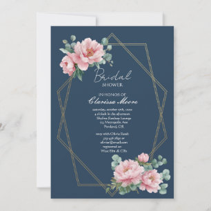 Navy Blush Peony Gold Frame Bridal Shower Invitation