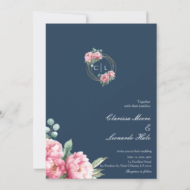 Navy Blush Peony Gold Frame Wedding  Invitation (Front)