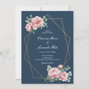 Navy Blush Peony Gold Frame Wedding Invitation