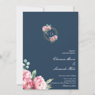 Navy Blush Peony Photo Wedding Invitation