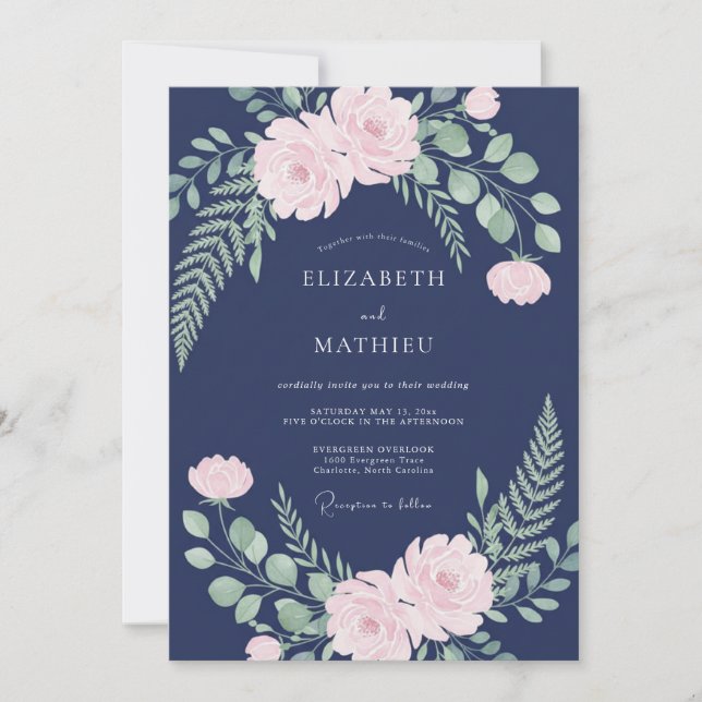 Navy Blush Peony Wedding Invitation (Front)