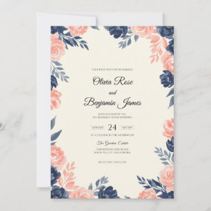 Navy Blush Petal Wedding Invitation