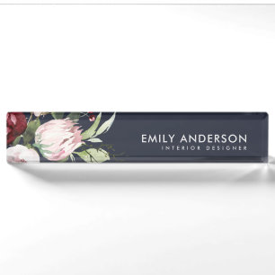 NAVY BLUSH PINK BURGUNDY PROTEA FLORAL WATERCOLOR NAMEPLATE