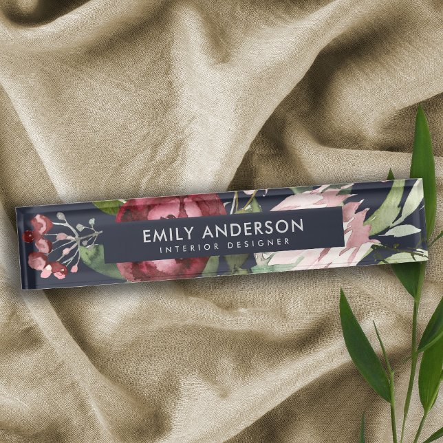 NAVY BLUSH PINK BURGUNDY PROTEA FLORAL WATERCOLOR NAMEPLATE (Creator Uploaded)
