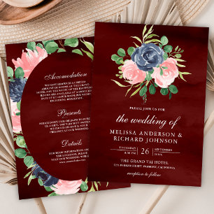 Navy Blush Pink Floral All in One Burgundy Wedding Invitation