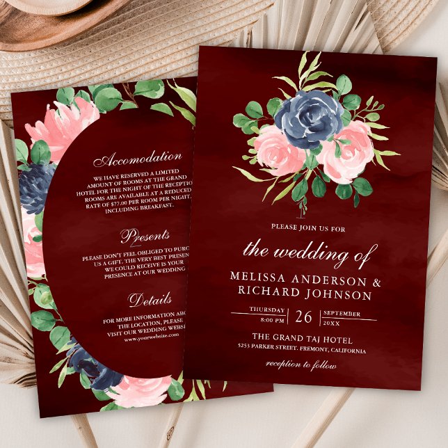 Navy Blush Pink Floral All in One Burgundy Wedding Invitation (Creator Uploaded)