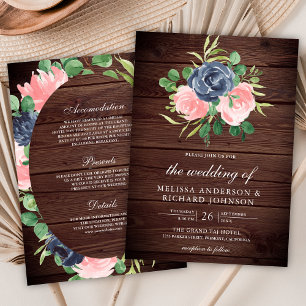 Navy Blush Pink Floral All in One Wood Wedding Invitation