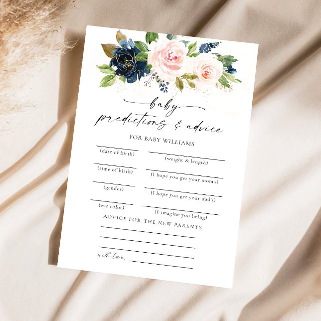 Navy & Blush Pink Floral Baby Predictions Card (Creator Uploaded)