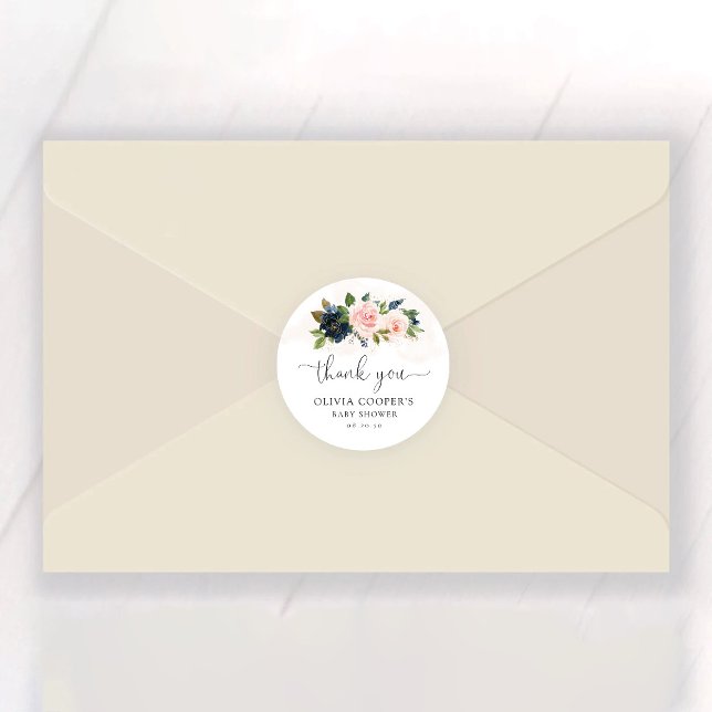 Navy & Blush Pink Floral Baby Shower Classic Round Sticker (Creator Uploaded)