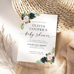 Navy & Blush Pink Floral Baby Shower Invitation