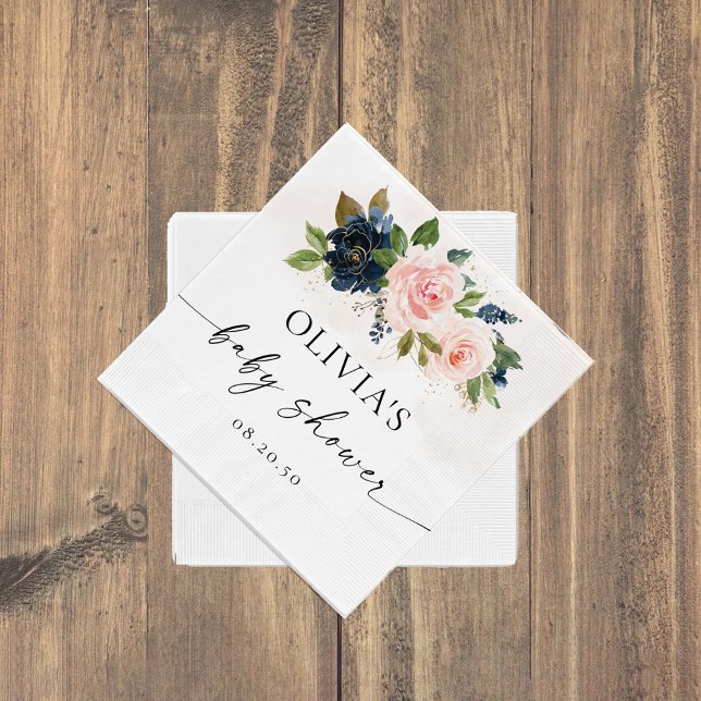 Navy & Blush Pink Floral Baby Shower Paper Napkin (Creator Uploaded)