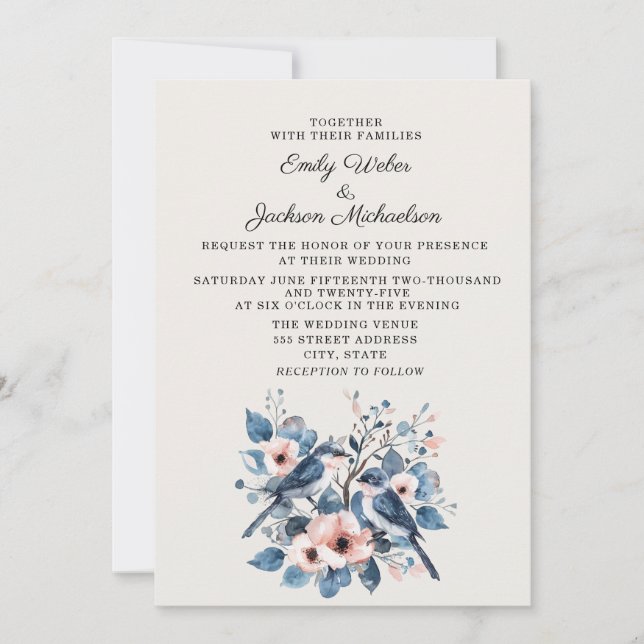 Navy Blush Pink Floral Birds Wedding Invitation (Front)