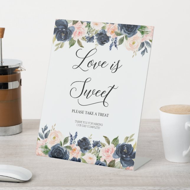 Navy Blush Pink Floral Blossom Love is Sweet Pedestal Sign (In SItu)