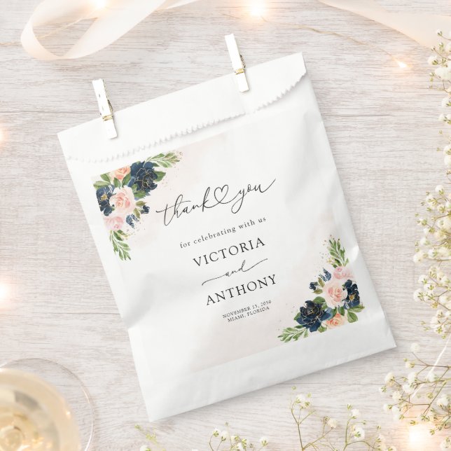 Navy & Blush Pink Floral Bridal Shower Favour Bag (Clipped)