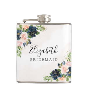 Navy & Blush Pink Floral Bridal Shower Flask