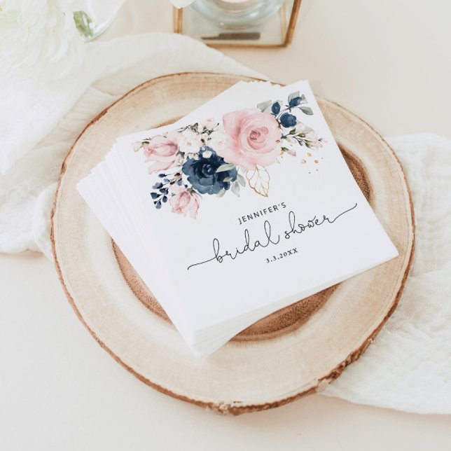 Navy blush pink floral bridal shower napkin (Creator Uploaded)