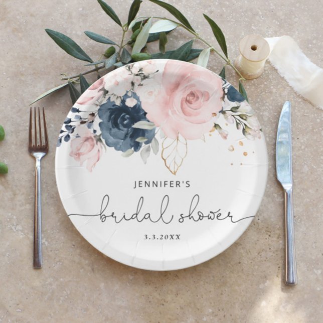 Navy blush pink floral bridal shower paper plate (Creator Uploaded)