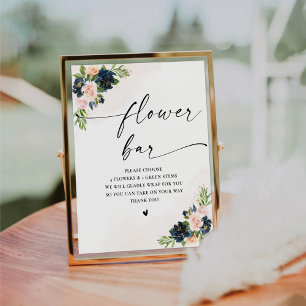 Navy & Blush Pink Floral Flower Bar Sign