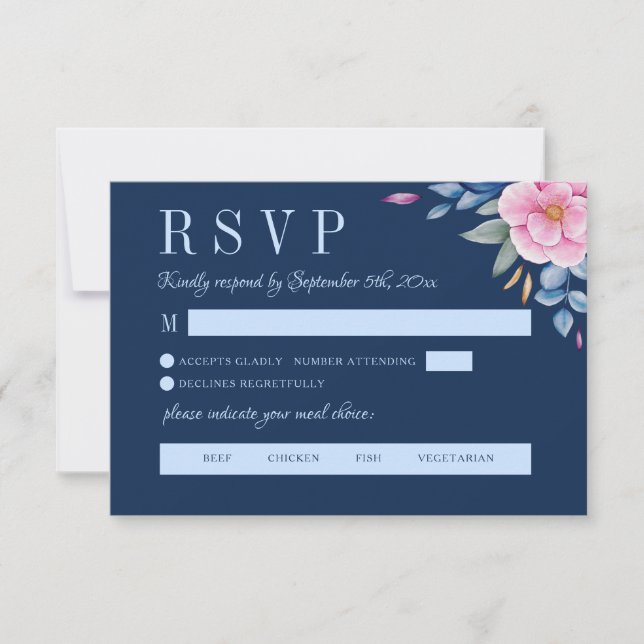 Navy Blush Pink Floral Monogram Meal Choice RSVP Card (Front)