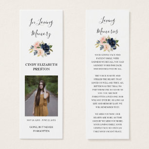 Navy Blush Pink Floral Photo Funeral Poem Bookmark