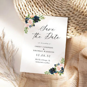 Navy & Blush Pink Floral Save The Date Card