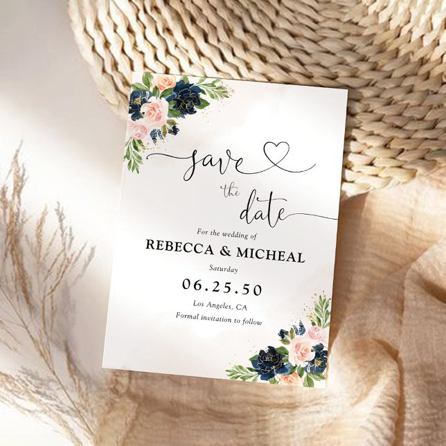 Navy & Blush Pink Floral Save The Date Card (Creator Uploaded)