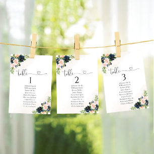 Navy & Blush Pink Floral Table Seating Chart Card