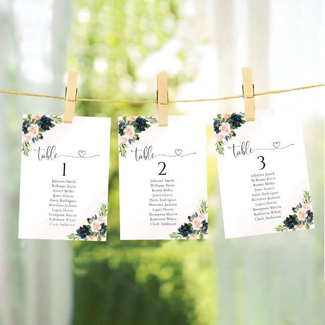 Navy & Blush Pink Floral Table Seating Chart Card (Creator Uploaded)