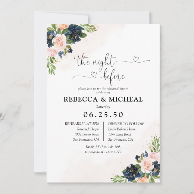 Navy & Blush Pink Floral The Night Before  Invitation (Front)