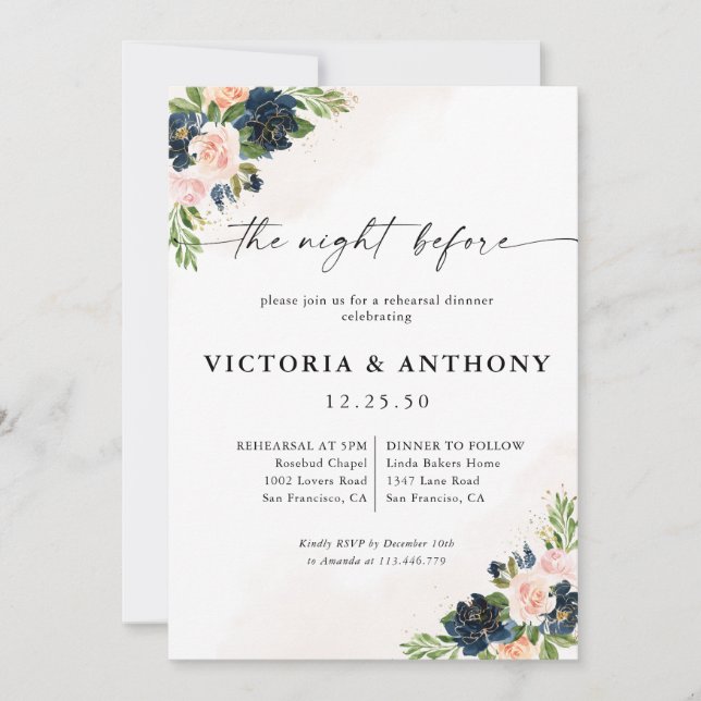 Navy & Blush Pink Floral The Night Before Invitation (Front)