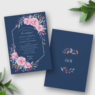 Navy Blush Pink Floral Watercolor Monogram Wedding Invitation