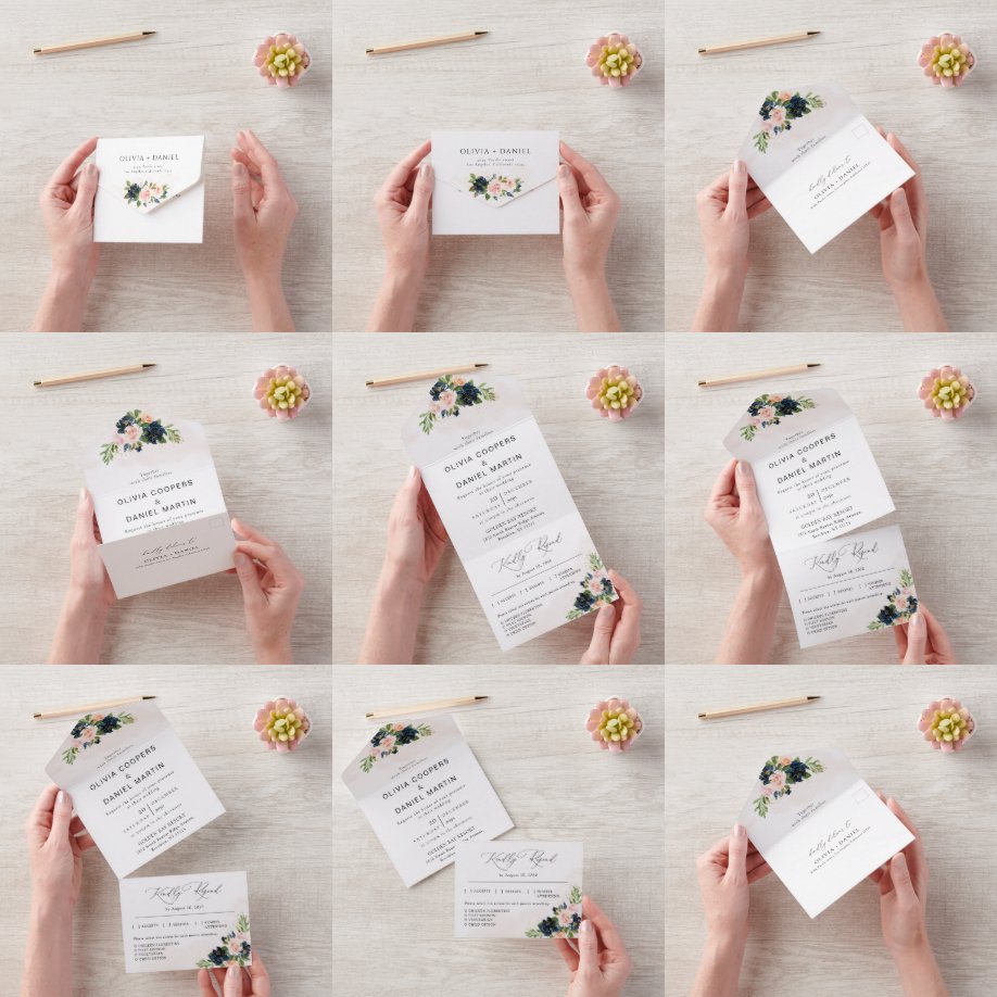 Navy & Blush Pink Floral Wedding All In One Invitation