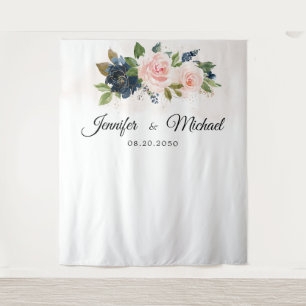 Navy & Blush Pink Floral Wedding Ceremony Backdrop Tapestry