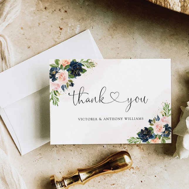 Navy & Blush Pink Floral Wedding Flat Thank You (Creator Uploaded)