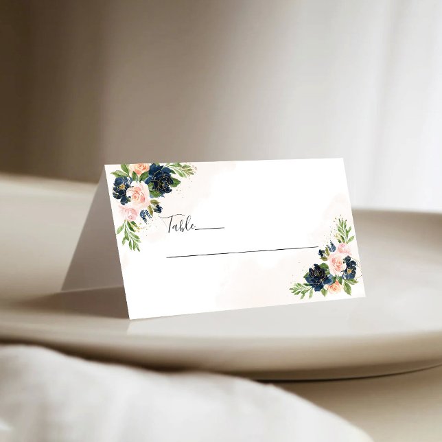 Navy & Blush Pink Floral Wedding Folded Place Card (Creator Uploaded)