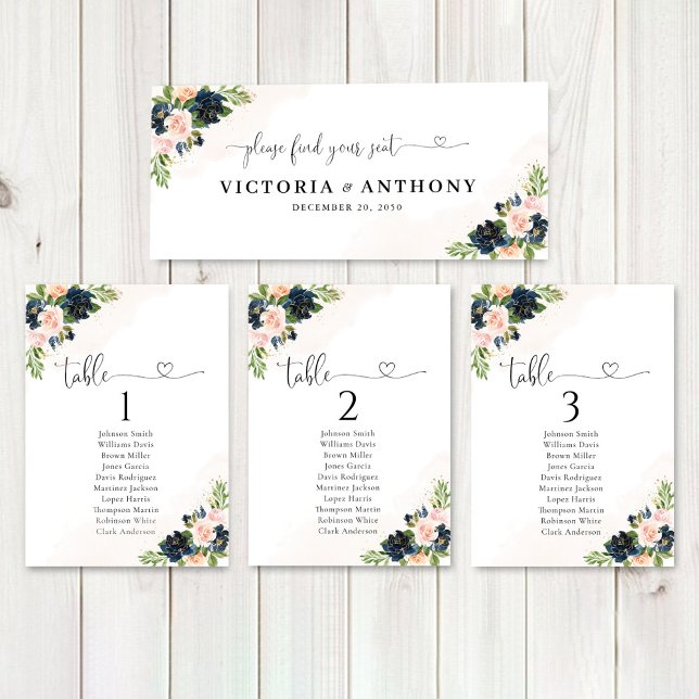 Navy & Blush Pink Floral Wedding Head Table Sign (Creator Uploaded)