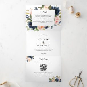 Navy Blush Pink Floral Wedding Photo RSVP QR Code Tri-Fold Invitation