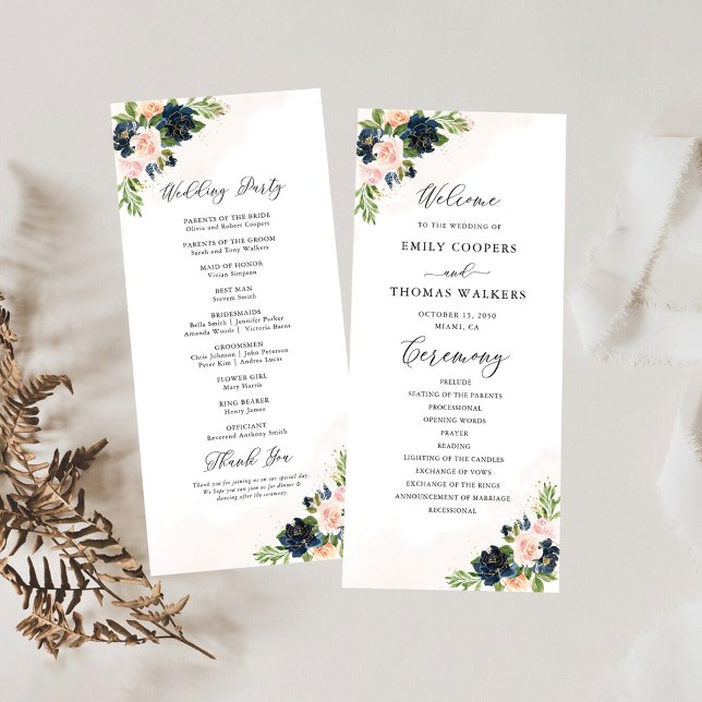Navy & Blush Pink Floral Wedding Program Programme (Creator Uploaded)