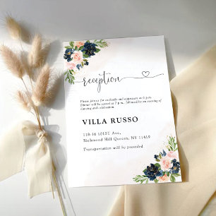 Navy & Blush Pink Floral Wedding Reception Card