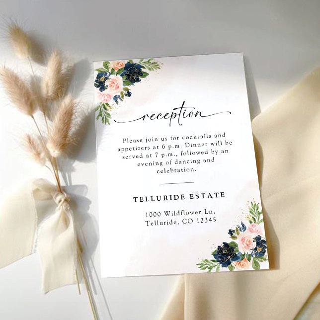 Navy & Blush Pink Floral Wedding Reception Card (Creator Uploaded)