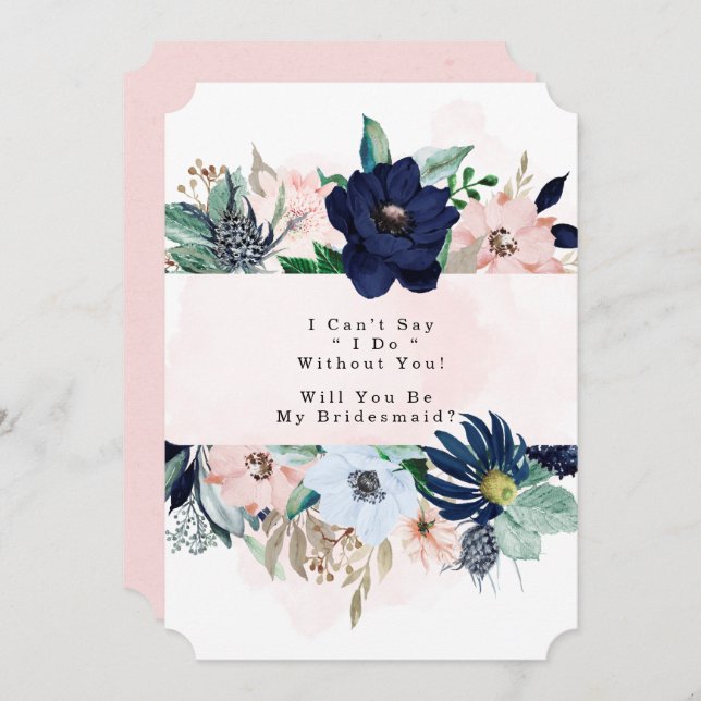 Navy Blush Pink Floral Will You Be My Bridesmaid Invitation (Front/Back)