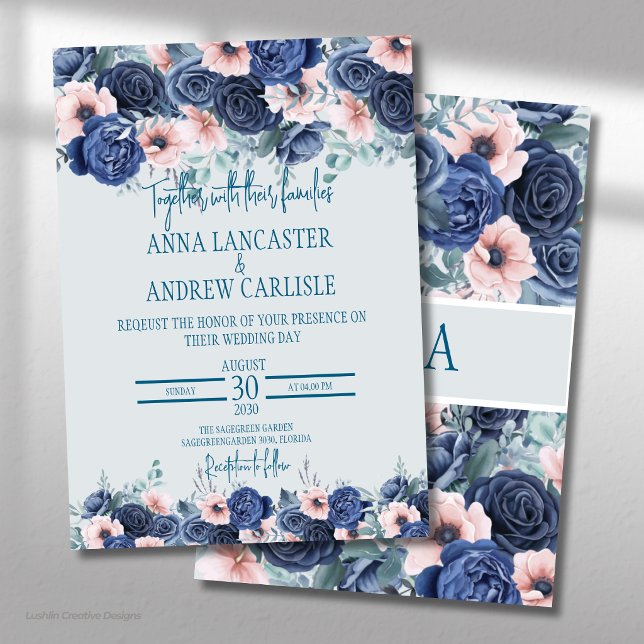 Navy & Blush Pink Watercolor Wedding Invitations (Creator Uploaded)