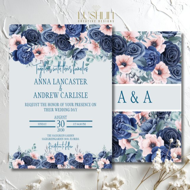 Navy & Blush Pink Watercolor Wedding Invitations (Creator Uploaded)