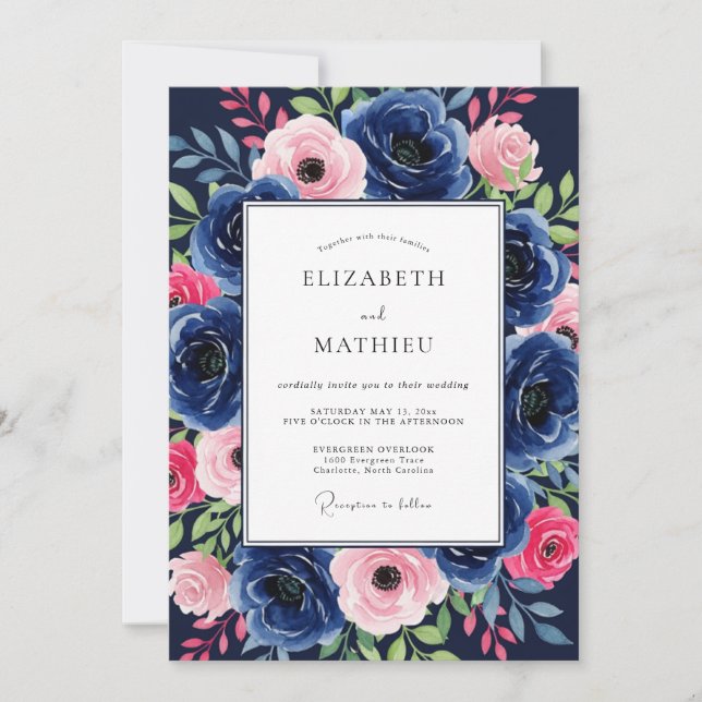 Navy Blush Radiant Floral Wedding Invitation (Front)