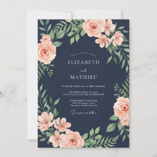 Navy Blush Romantic Floral Wedding Invitation