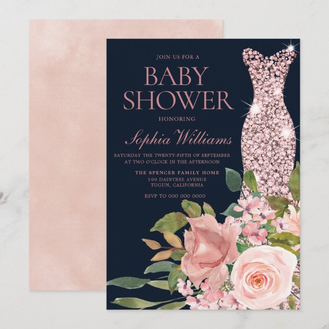 Navy & Blush Rose Gold Dress Floral Baby Shower Invitation (Front/Back)