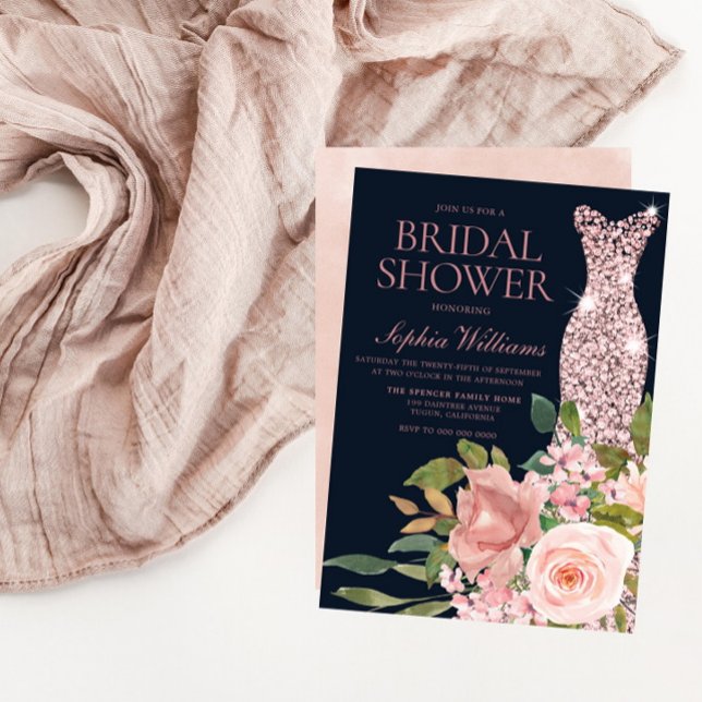 Navy & Blush Rose Gold Dress Floral Bridal Shower Invitation (Creator Uploaded)