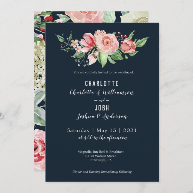 Navy Blush Roses Farmhouse Boho Wedding Invitation (Front/Back)
