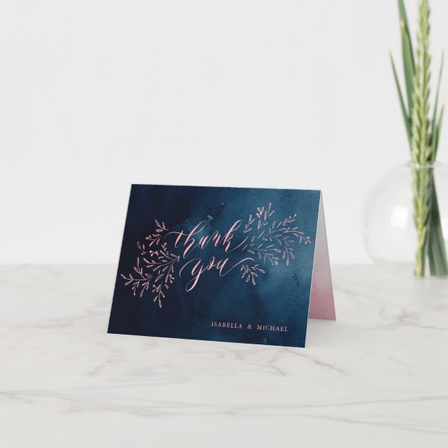 Navy blush rustic floral calligraphy thank you card (Front)