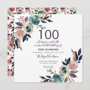 Navy & Blush Vintage Floral 100th Birthday Invitation